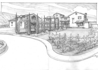 Architectural sketch of a residential villa with a curved driveway.