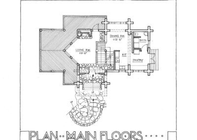 Architectural floor plan of a main level including living room, dining room, kitchen, pantry, and bath.