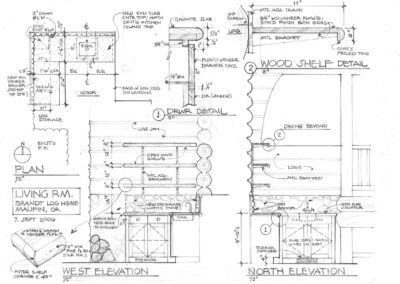 Architectural hand-drawn plans and elevations for a residence with detailed annotations and material specifications.