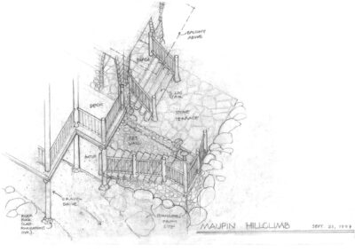 Architectural sketch of a hillside stairway design with labeled components such as a deck, stone terrace, and boulder retaining wall, dated september 21, 1993.