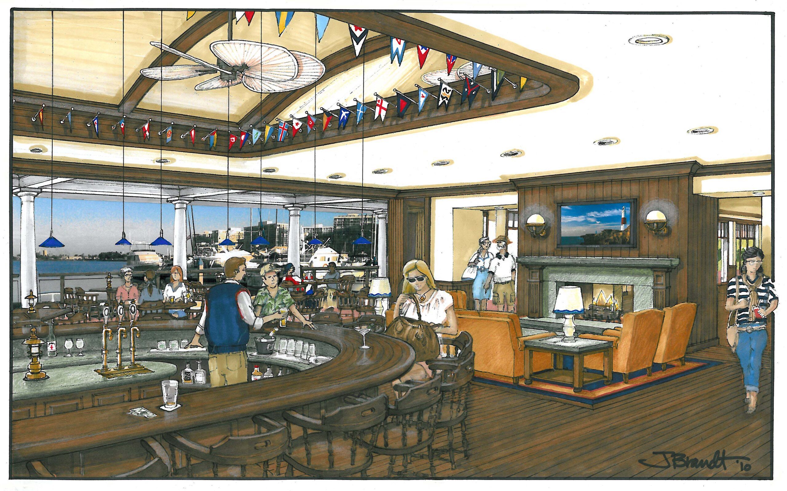Interior of a maritime-themed bar with patrons enjoying drinks and conversation.