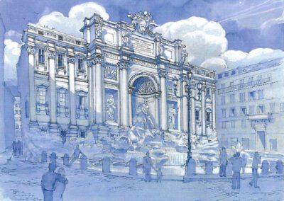 Architectural sketch of the trevi fountain with onlookers in rome, executed in blue monochrome.