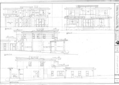 Architectural blueprint with front, rear, and side elevation views of a modern, two-story house, including measurements and design details, labeled as sheet A6.